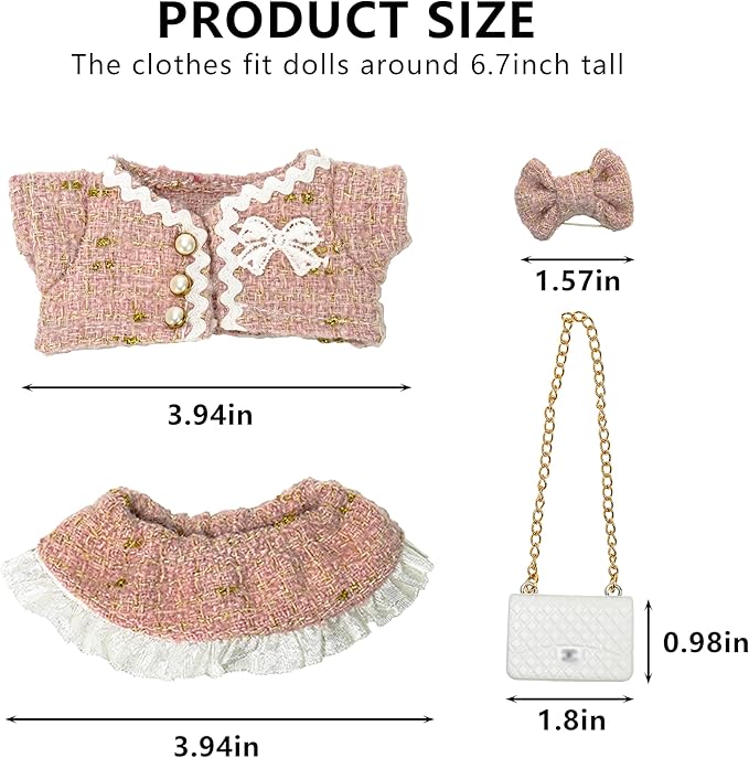 17cm Doll Clothes - Princess Dress with Velvet Hair Bow, Party Outfits for Plush/Blind Box, Luxury Chic Style Set, High-End Fashion Accessories (Pink Skirt Suit)