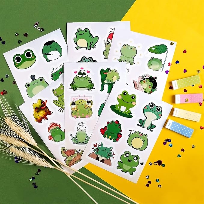 BulbaCraft Kawaii Frogs Stickers Set, 50 Pcs Green & White Vinyl Decals for Kids, Waterproof, Scratch Resistant, Indoor Usage, Single Use, Water Bottle, Laptop, Scrapbook, Journal, Frog Theme