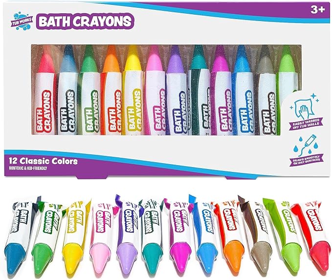 Tub Works® Smooth™ Bath Crayons Bath Toy, 12 Pack | Nontoxic, Washable Bath Crayons for Toddlers & Kids | Unique Formula Draws Smoothly & Vividly on Wet & Dry Tub Walls | Hexagon Grip Bathtub Crayons