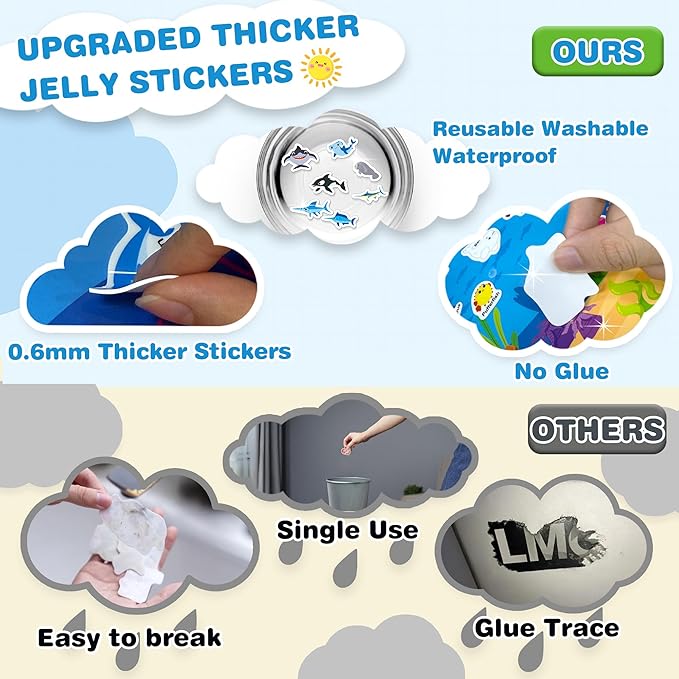 Reusable Sticker Books for Toddlers 3-5 Years, 2 Sets Jelly Sticker Books, Toddler Travel Toys Craft Activities for Kids-Ocean Wrold, Safari