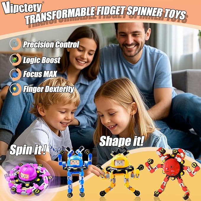 4Pcs Transformable Fidget Spinners for Kids Fidget Toys Teens Adults Sensory Toys with Autism ADHD Stocking Stuffers Bulk Gifts for Boys Girls Party Favors Travel Activities