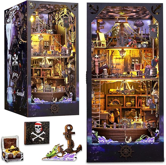 Book Nook Kit Pirate Ship Aden, DIY Miniature Book Nook Kits for Adults, 3D Wooden Puzzle Bookshelf Insert Decor with Sensor LED Lights, for Men Teens Family