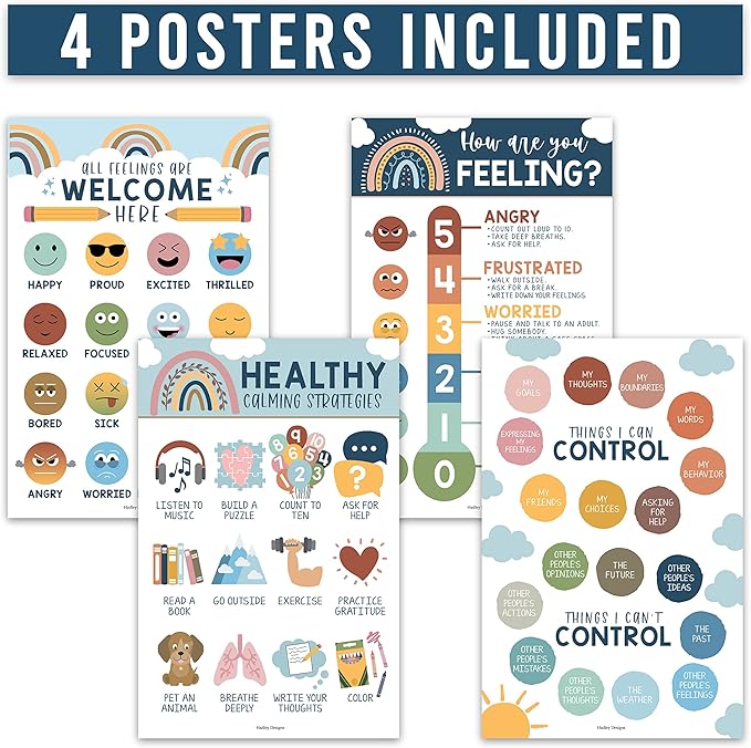 Hadley Designs Feelings Chart For Kids Ages 4-8 - Emotions Chart For Toddlers 3-5, Counseling Feelings Posters For Classroom Calming Corner, Social Emotional Learning Posters, Boho Classroom Decor