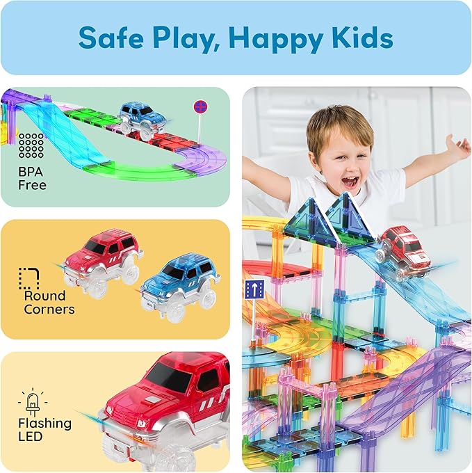 PicassoTiles 2pcs Magnetic Toy Car Set Highly Detailed Compatible with Magnet Race Track STEM Truck Replacement Accessories Educational Construction Building Kits for Toddlers Boys & Girls Ages 3+