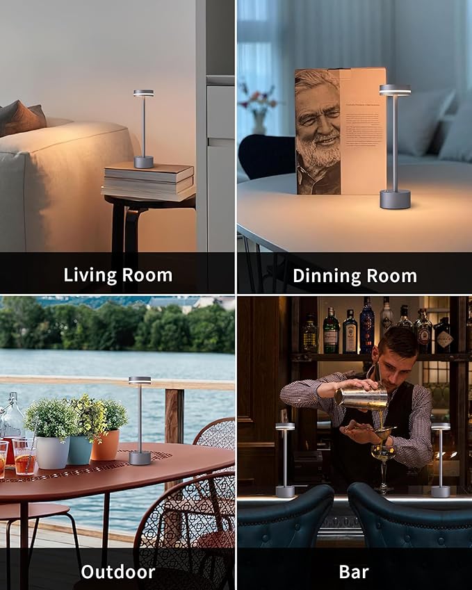 PUSU Portable Table Lamp Battery Powered LED Lamp Cordless Table Lights 3-Level Brightness Touch Control, for Home Office Bedroom Hotel Room Restaurant Outdoor(Gray)