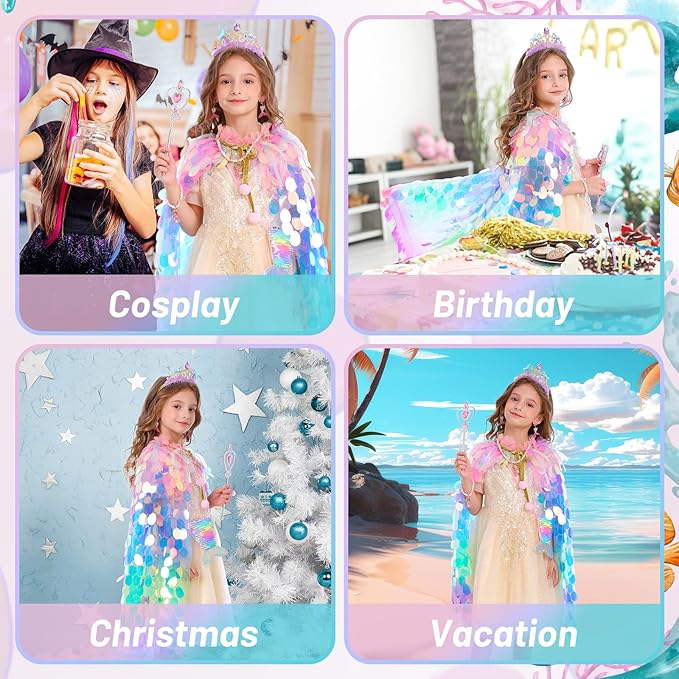 Princess Dress Up Toys Princess Dress Up Clothes Rainbow Mermaid Cape Kit 9 Pcs Gift Set for Little Girls 3-8 Years