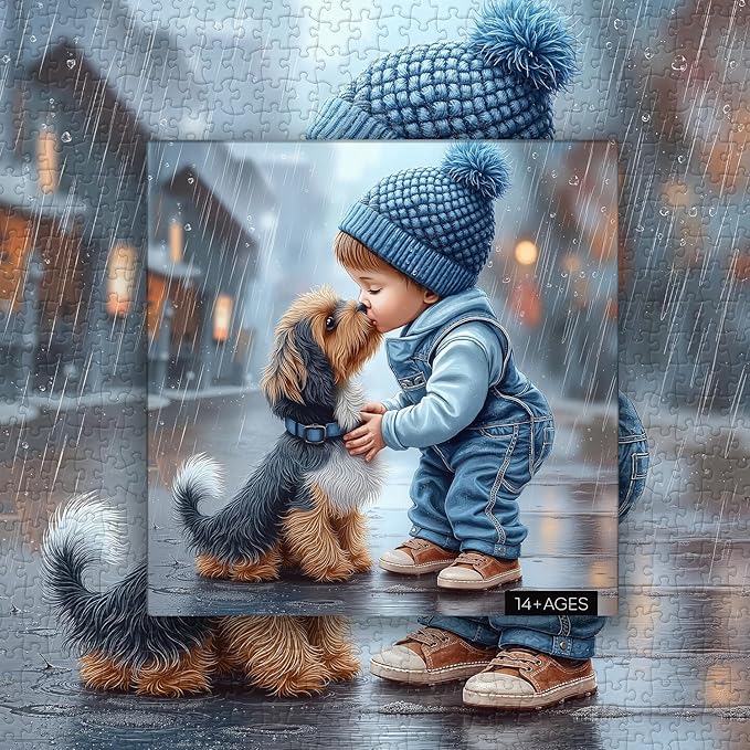 Cute Dog Puzzles for Adults 1000 Pieces, PICKFORU Friendly Kiss Love Hearts Jigsaw Puzzle, Impossible Difficult Rainy Puppy Theme as Home Decor