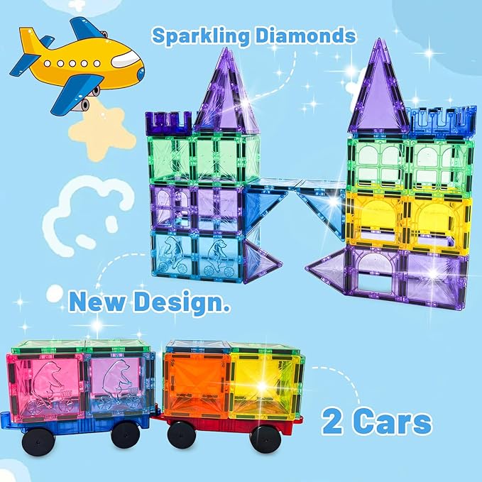 Magnetic Tiles, 100PCS Kids Magnetic Blocks Toy Set, Magnet Tiles 3D Clear Building Blocks Set with 2 Cars, STEM Sensory Educational Toys Gift for Toddlers Boys 3 4 5 6 7 8 9