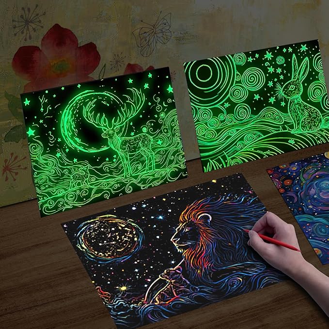 Glow in The Dark Scratch Art Paper,4 Sheets Rainbow Noctilucent Scratch Painting Kit for Adults & Teens,DIY Art Craft (Starry Animals)