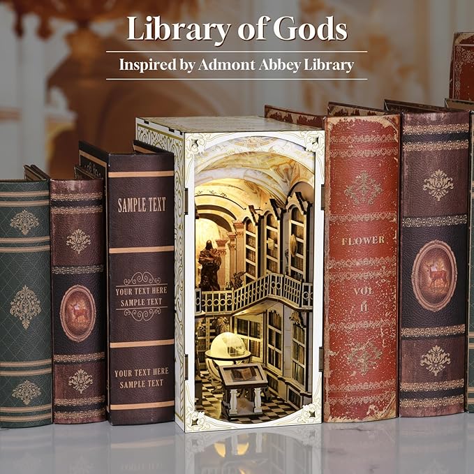 Book Nook Kit, DIY Miniature Dollhouse Booknook Kit, 3D Wooden Puzzle Bookend Bookshelf Insert Decor with LED Light for Teens and Adults (Library of Gods)