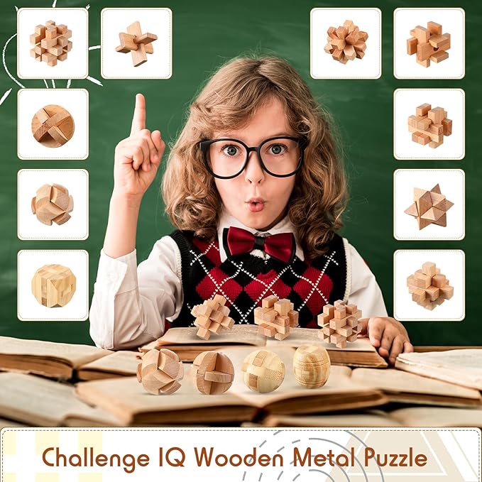 Yilloog 12 Pcs Wooden Brain Teaser Puzzles Set, Educational Games 3D Wooden Puzzle, Logic IQ Mind Challenging Puzzles for Adults Kids Christmas Birthday Gifts