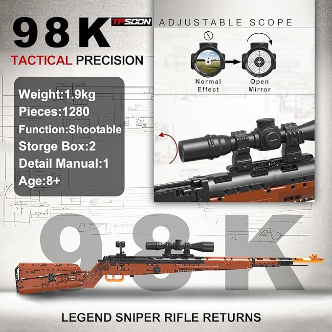 98k Building Blocks Gun-Sets for Adults Boys, 1:1 Sniper Rifle Big Model Kit That Shoot Army Toys for Kids Age 8+, Realistic Military Collection Cool Birthday Gifts for Teen Men 1280pcs