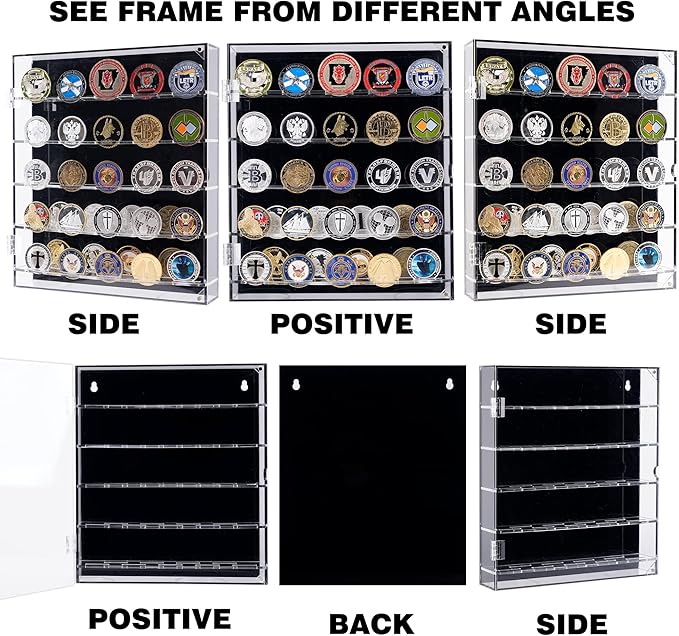 Coin Holder, Challenge Coin Display, Acrylic Military Coin Display Case with Removable Shelves and Magnetic Door, Fits 45 Military Medals Poker Chip Pins Badges, for Casino Poker Chips Collectibles