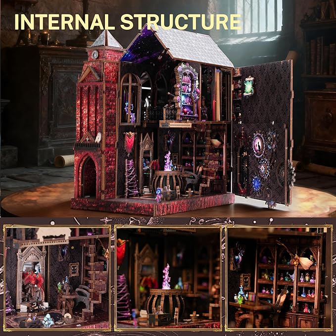 Book Nook Kit, DIY Miniature House Dollhouse Crafts Kit for Adults and Teens, Magic Castle 3D Wooden Puzzle Booknook Build Bookshelf Decor, Gifts for Family and Friends（Arcane Sprire）