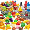 55 Pcs Grocery Store Pretend Play Food Set with Shopping Basket for Kids Toddlers 1-3 4-8, Kids Play Kitchen Accessories Plastic Fake Food Fruits and Vegetables Can Toy Gifts for Boys Girls