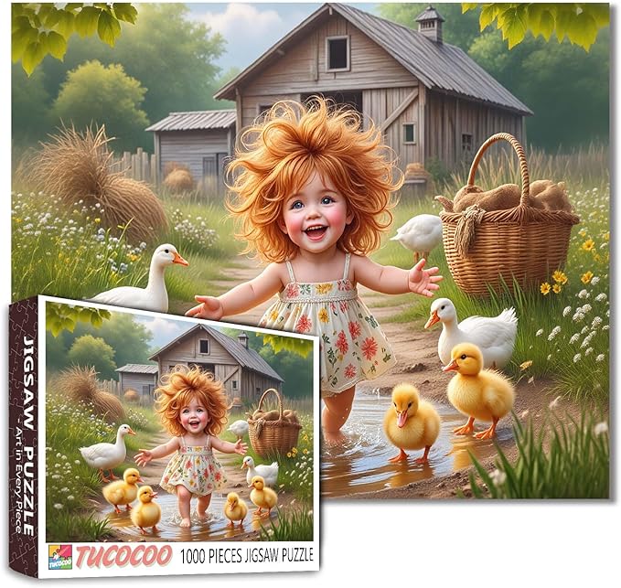 Tucocoo 1000 Piece Jigsaw Puzzle for Adults – Whimsical Cottagecore Farm Scene with Little Girl, Ducklings Rustic Barn – Vintage Farmhouse Puzzle for Relaxation, DIY Crafts Puzzles Home Decor Gifts