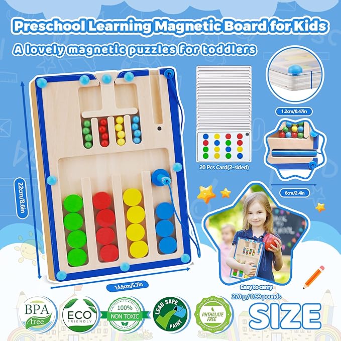 FCSONU Kids Magnetic Color Matching Puzzle Board Toys, Toddler Montessori Toys for 3 4 5 6 Years Old Boy Girls Birthday Gifts, Wooden Sensory Autistic Puzzle Maze Game Age 3-6, Preschool Activities