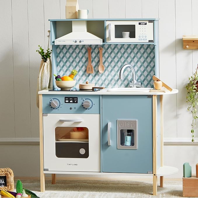 Tiny Land Play Kitchen for Kids, Wooden Kids Play Kitchen Playset Chef Pretend Play Set for Toddlers with Real Lights & Sounds, Toys Kitchen with 18 Pcs Toy Food & Cookware Accessories