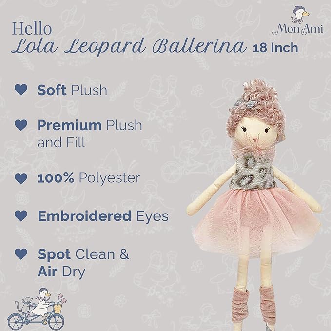 MON AMI Lola Leopard Ballerina Stuffed Doll – 18”, Plush Ballerina Doll for Girls, Use as Toy or Room Decor, Gift for Kids of All Ages
