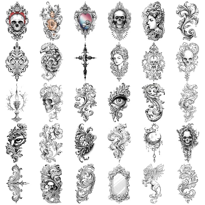 Temporary Tattoos for Adults, 47 Sheets Baroque Religious Flower Skull Designs Fake Tattoos, 17 Half Arm tat and 30 Small temp Tattoos
