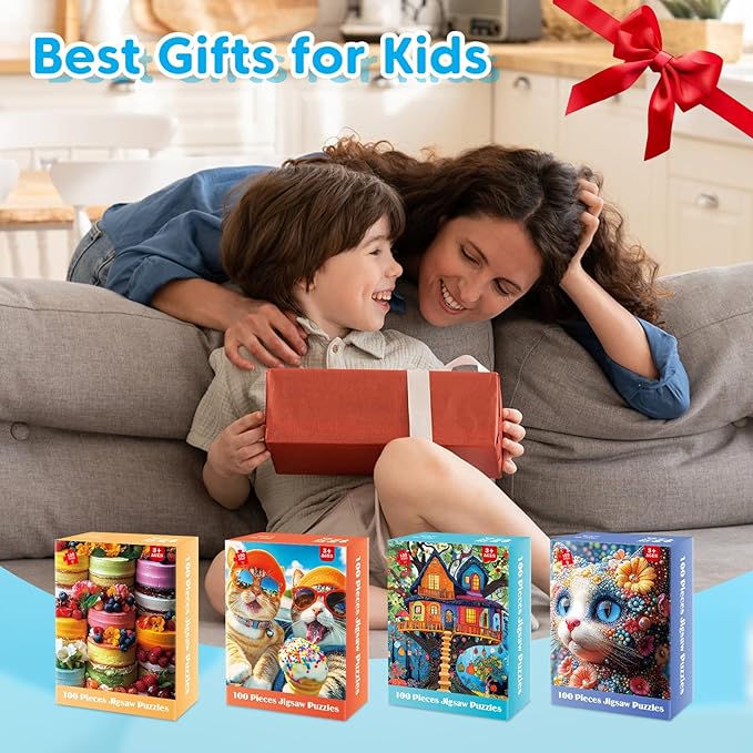 4-Pack 100 Piece Puzzles for Kids Ages 4-6 6-8 Year Old - Cakes Tree House & Cats Jigsaw Puzzles, Fun Educational Toys for Boys Girls, for Family Activities