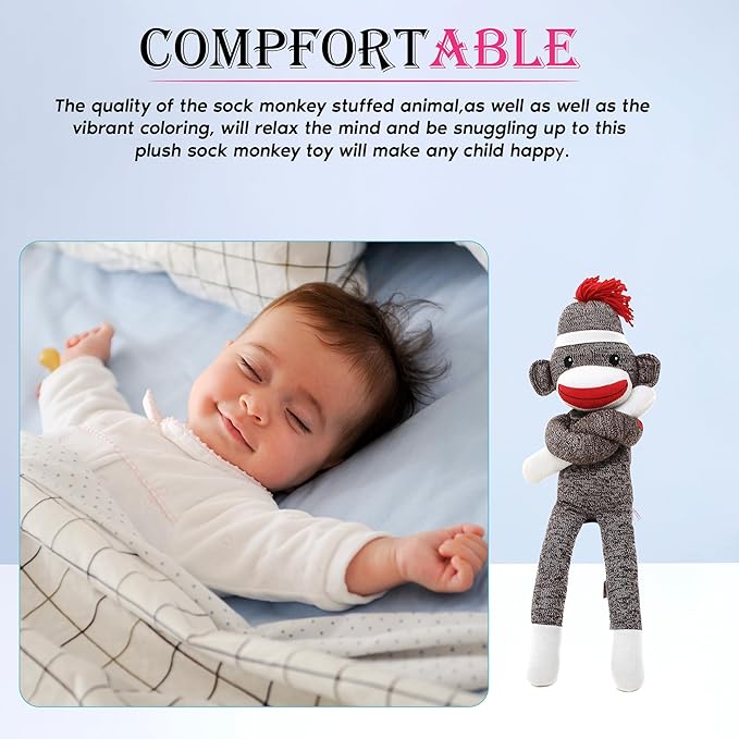 Adorable Sock Monkey, The Original Traditional Hand Knitted Stuffed Animal Toy Gift-for Kids, Babies, Teens, Girls and Boys Baby Doll Present Puppet (20" Brown)