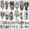 42 Sheets Metallic Gothic Temporary Tattoo for Women Men, 12 Half Arm Golden Skull Cat Floral Fake Tattoos, 30 Black Glitter Rose Butterfly Spider Halloween Tiny Adult Kid Body Tattoos Stickers