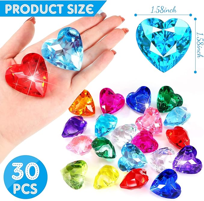 Hicarer 30 Pieces Diving Gem Pool Toys Colorful Big Diamond Pirate Treasure Diving Gems Acrylic Heart Gemstones Summer Beach Underwater Swimming Toys for Kids Swimming Party Favor Pool Training Gift