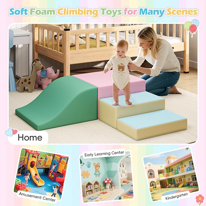 MU Soft Climbing Toys for Toddlers, Soft Foam Climbing Blocks, PU Leather Gym Climb & Crawl Soft Activity Playset, Indoor Climbing Toys Equipment for Kids and Children, Classic Grey, Macaron