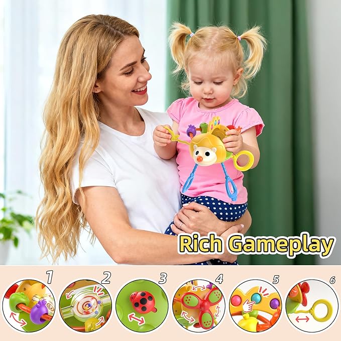 Baby Sensory Toys for 3-6-9-12-18 Months, Silicone Pull String Toy, Baby Birthday Gifts for 1 2 Year Old Boy Girl Infant 5 7 8 9 10 Months Old, Car Seat Airplane Travel Toy