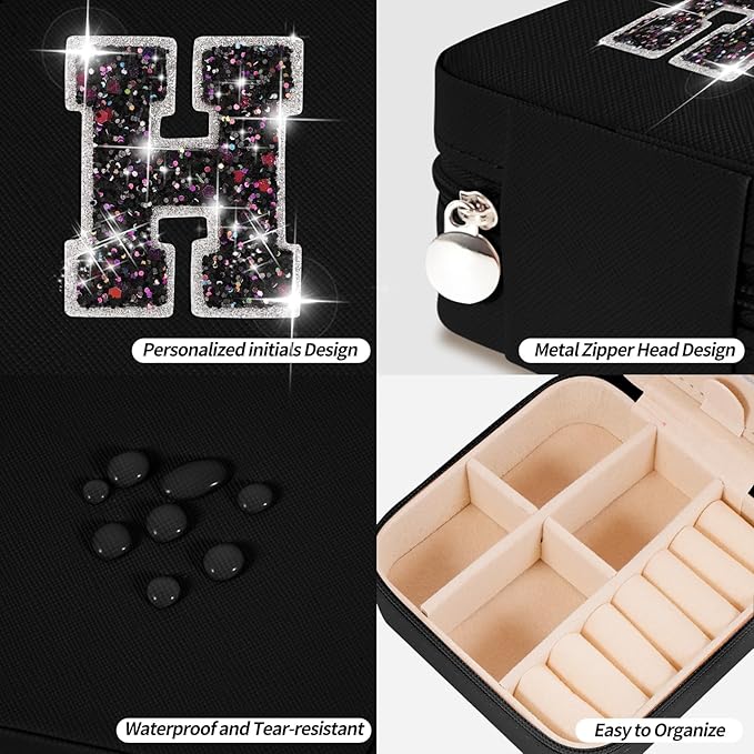 Monogrammed Gifts for Women - Jewelry Case for Women Trendy Jewelry Box Fashion Cute Jewelry Organizers and Storage Aesthetic,Travel Essentials Birthday Gifts for Girls Women | Black,H