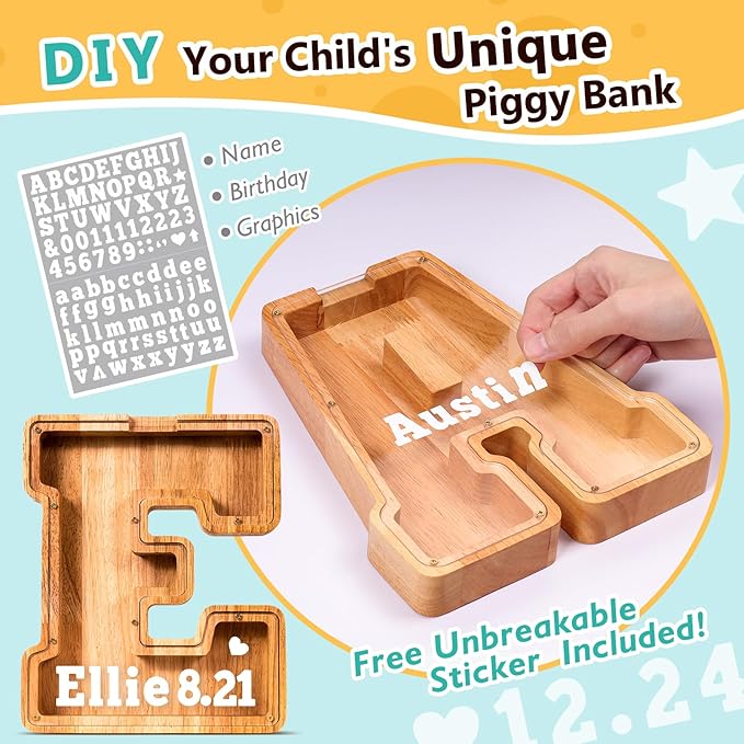 SummiDate Wooden Letter Piggy Bank for Kids| Piggy Bank for Boys Girls Toddler| Alphabet E Money Bank| Wood Coin Bank Personalized Birthday Easter Gift for Kids (E)