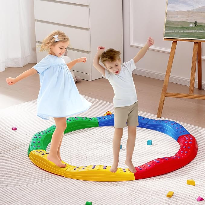 VEVOR Balance Beam Stepping Stones, 8 PCS Toddler Balance Boards Non-Slip Textured Surface & Rubber Pads, Montessori Toy for Kids 3-6, Build Coordination and Gross Motor Skills, Indoor or Outdoor Play