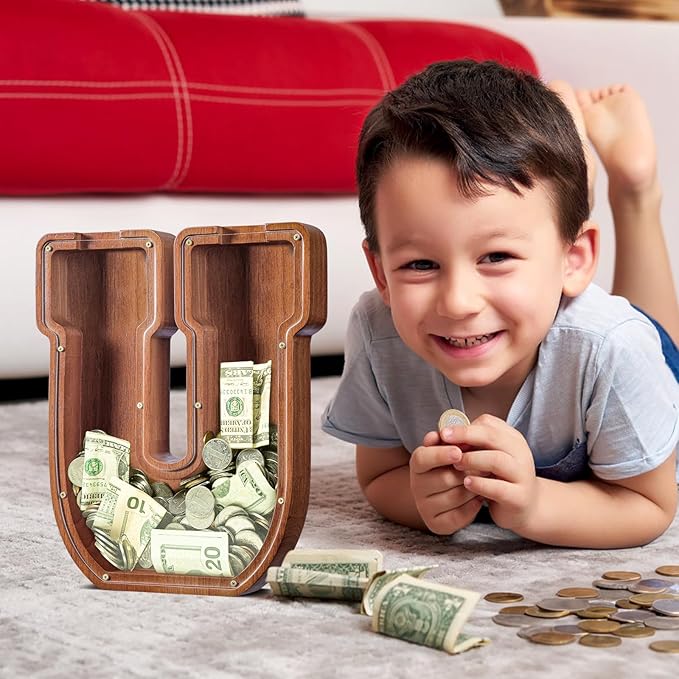 Summidate Customized Name Extra Large Wooden Piggy Bank for Kids Boys Girls Alphabets Letter A-Z Coins Bills Money Change Saving Box Clear Cover (Laser Engraved) Educational Toys 12"- Letter U