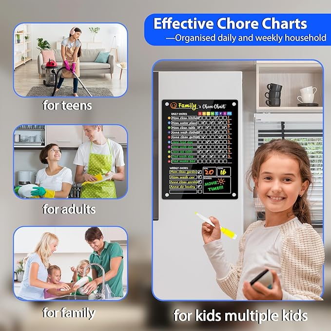 PigPotParty Black Acrylic Magnetic Chore Chart for Kids, 12"x16" Reward Responsibility Chart, 1 Pcs Daily Weekly Dry Erase Fridge Chore Board Checklist for Teens Adult, w/ 12 Markers & Towel