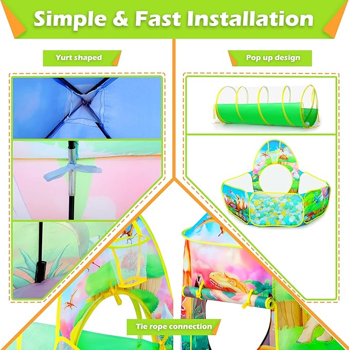 3PC Dinosaur Tent for Girls with Kids Ball Pit, Kids Play Tents and Crawl Tunnel for Toddlers, Pink Pop Up Playhouse Toys for Baby Indoor& Outdoor Tent Games, Birthday Kid’s Gifts