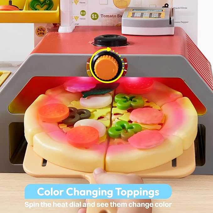 Play Kitchen Food Toy - Pretend and Play Toddler Toys - 78 PCS Pizza Oven with Pretend Smoke, Light & Sound and Color-Changing Toppings - Birthday Gift for Boys Girls