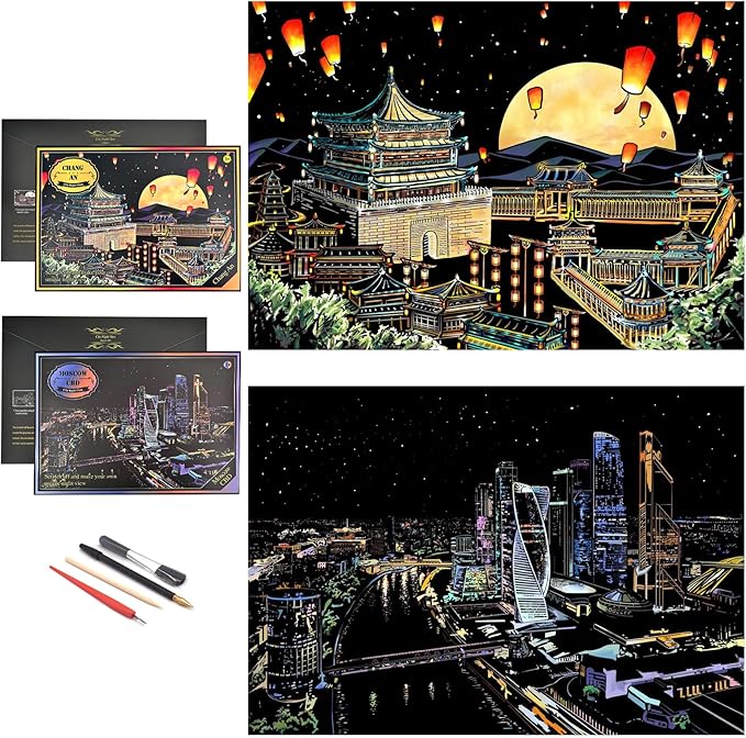 Scratch Rainbow Painting Art Paper,Scratch Art Crafts Set for Adults&Kids,Scratch Painting DIY Creative Gift with 4 Tools,16''x11''(Ancient China&Moscow CBD)