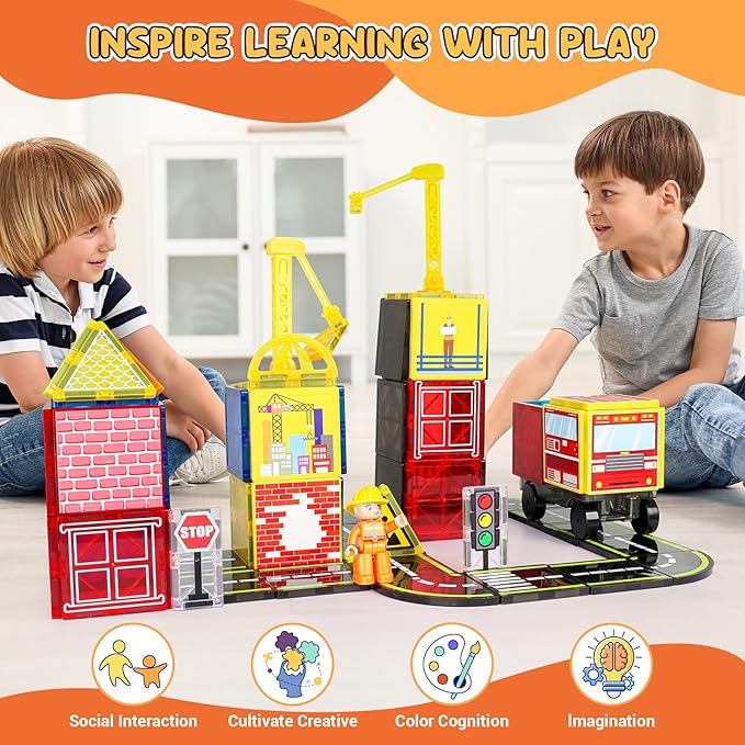 Magnetic Tiles Road Set with Fire Trucks & 2 Dolls, Double-Sided Magnet Tiles with 2 Cranes, Toys for Boys Ages 3-5 5-7, STEM Learning Construction Toys Include Car, Stations, Signs, Gifts for Kids 3+