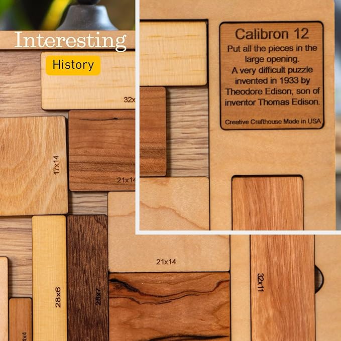 Creative Crafthouse Calibron 12 - Impossible 12 Piece Wooden Brain Teaser for Adults - Very Difficult Wood Puzzle - Made in USA