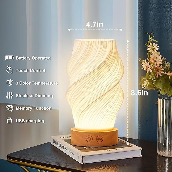 Cordless LED Table Lamp, Battery Operated Portable Desk Lamp, 3 Color & Dimmable, Modern Rechargeable Table Light for Living Room,Bedroom,Bedside, White, 8.6inch