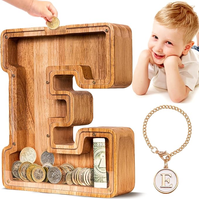 SummiDate Wooden Letter Piggy Bank for Kids| Piggy Bank for Boys Girls Toddler| Alphabet E Money Bank| Wood Coin Bank Personalized Birthday Easter Gift for Kids (E)
