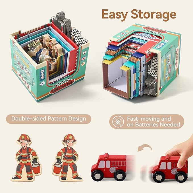 Montessori Scene with Train Tracks Set for Kids, Sorting & Stacking Blocks Toys with Wooden Cars & Community Helpers,Toddler Number Blocks Nesting Boxes, Preschool Learning Toys for Boys Girls Gift