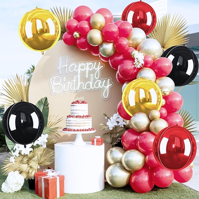 Black Gold Red Giant 4D Foil Balloons, 6 Pcs Large Metallic Black and Gold Round Balloons, 22 Inch Big Round Foil Balloon for Birthday Party Baby Shower Graduation Prom Wedding Decorations