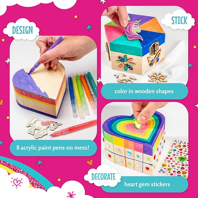 GirlZone Jewelry & Treasure Box, DIY Jewelry Box, DIY Craft for Kids Include Wooden Boxes, Shapes, Acrylic Paint Pens, Gem Stickers & Table Cover, Ideal Painting Crafts for Girls, Valentine Gifts