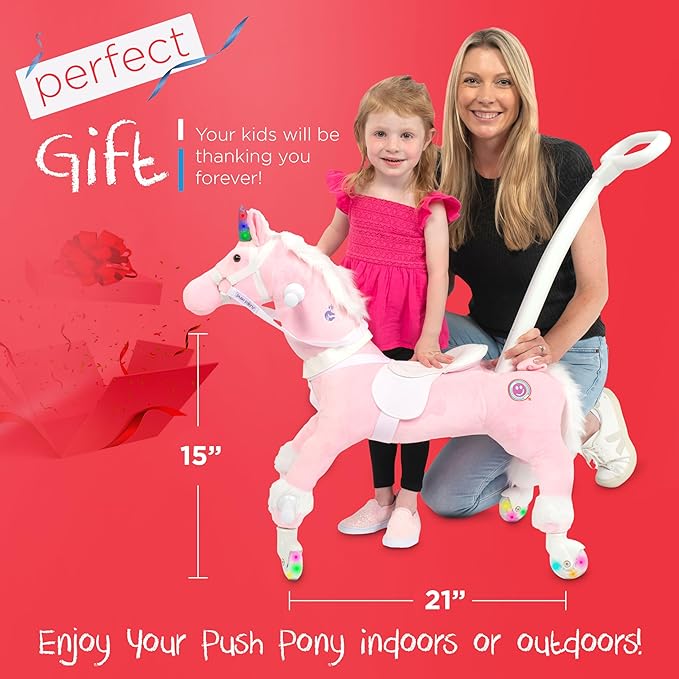 Power Pony Ride On Unicorn Riding Toy for 2+ Kids - Power Ponies Push Pull Kids Ride On Pony for Toddlers with A Removable Parent - Controlled Push Handle for Easy Rides, Pink, Grace
