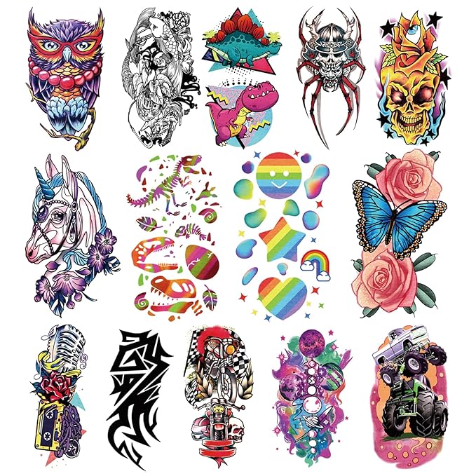 52 PCS Temporary Tattoos for Kids Full Arm Sleeve Fake Tattoos, Dinosaur Monster Car Planet Spider Shark Sticker for Boy, Princess Castle Dolphins Temporary Tattoos for Girl