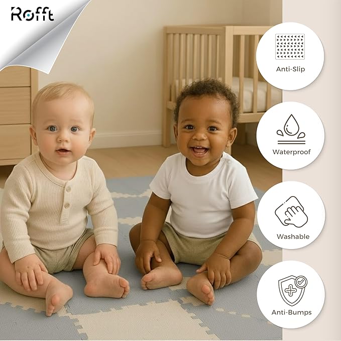 Little fun times Play Mat for Baby Large 72 Pieces, Assembled Total 64 x 64 inch 28,4 SqFt, Interlocking Floor Puzzle, EVA Tiles Playmat for Toddler and Kids, Two Colors Design with Edges.