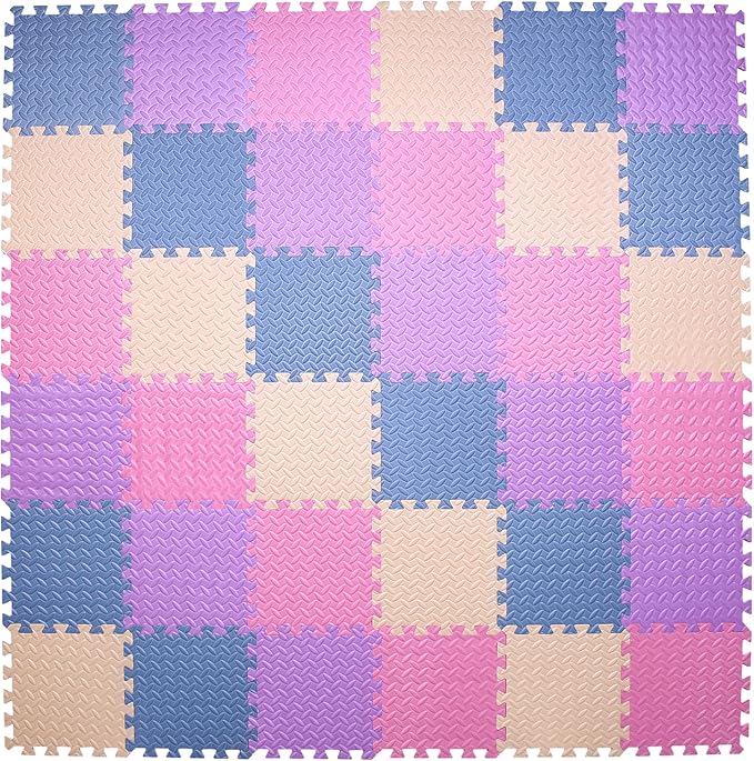 36 Tiles Foam Play Mat for Baby, 0.4 Inch Thick Foam Interlocking Floor Mats, Non-Toxic Baby Playmat, Solid Colored Puzzle Play Mat Kids Floor Mats for Toddler(Beige/Pink/Purple/Gray Blue)