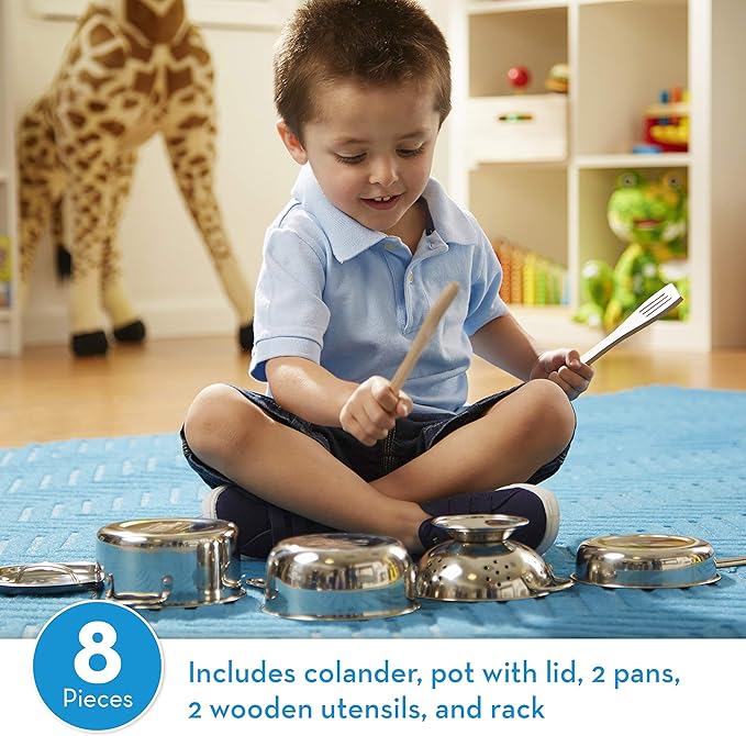 Melissa & Doug Stainless Steel Pots & Pans, 8 Piece Play Kitchen Set, Premium Play Kitchen Accessories & Cooking Utensils, Preschool Toys for Kids 3+